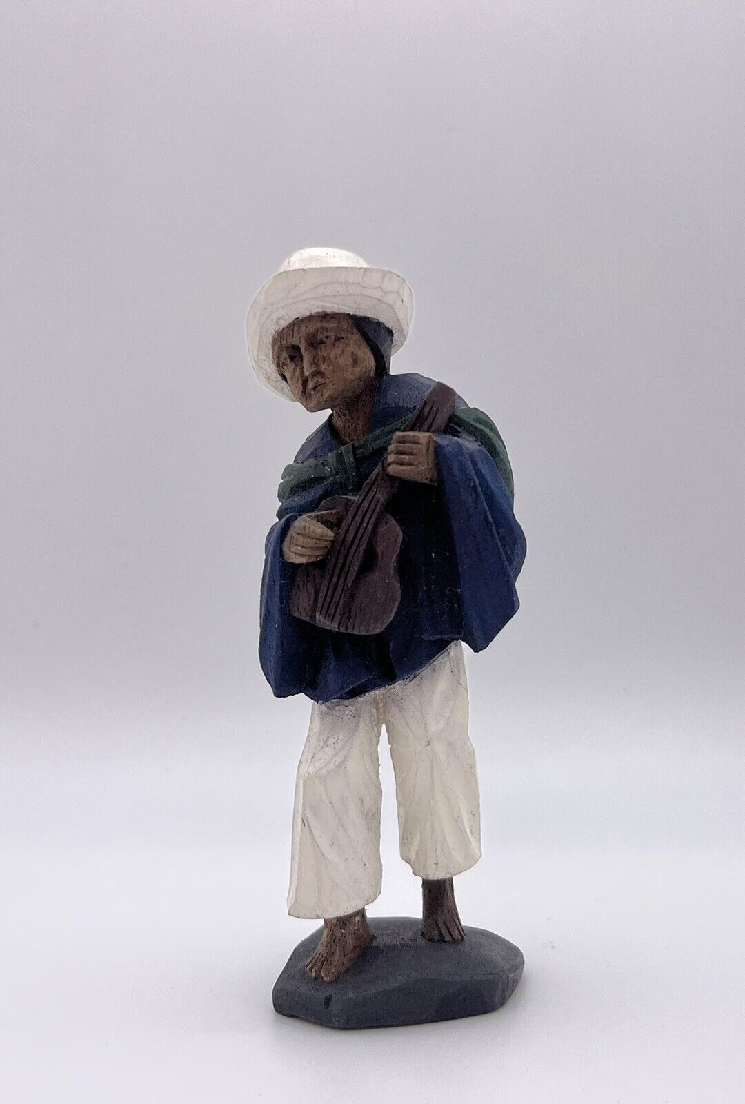 Vintage 4.5” Hand Carved Painted Wood Fisherman playing Guitar Ukulele Asian?