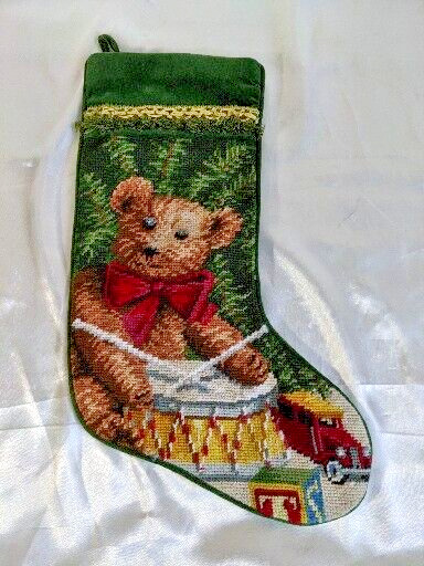 Needlepoint  Christmas Stocking Teddy Bear Tree Drum Toys Wool Green Velvet 18\