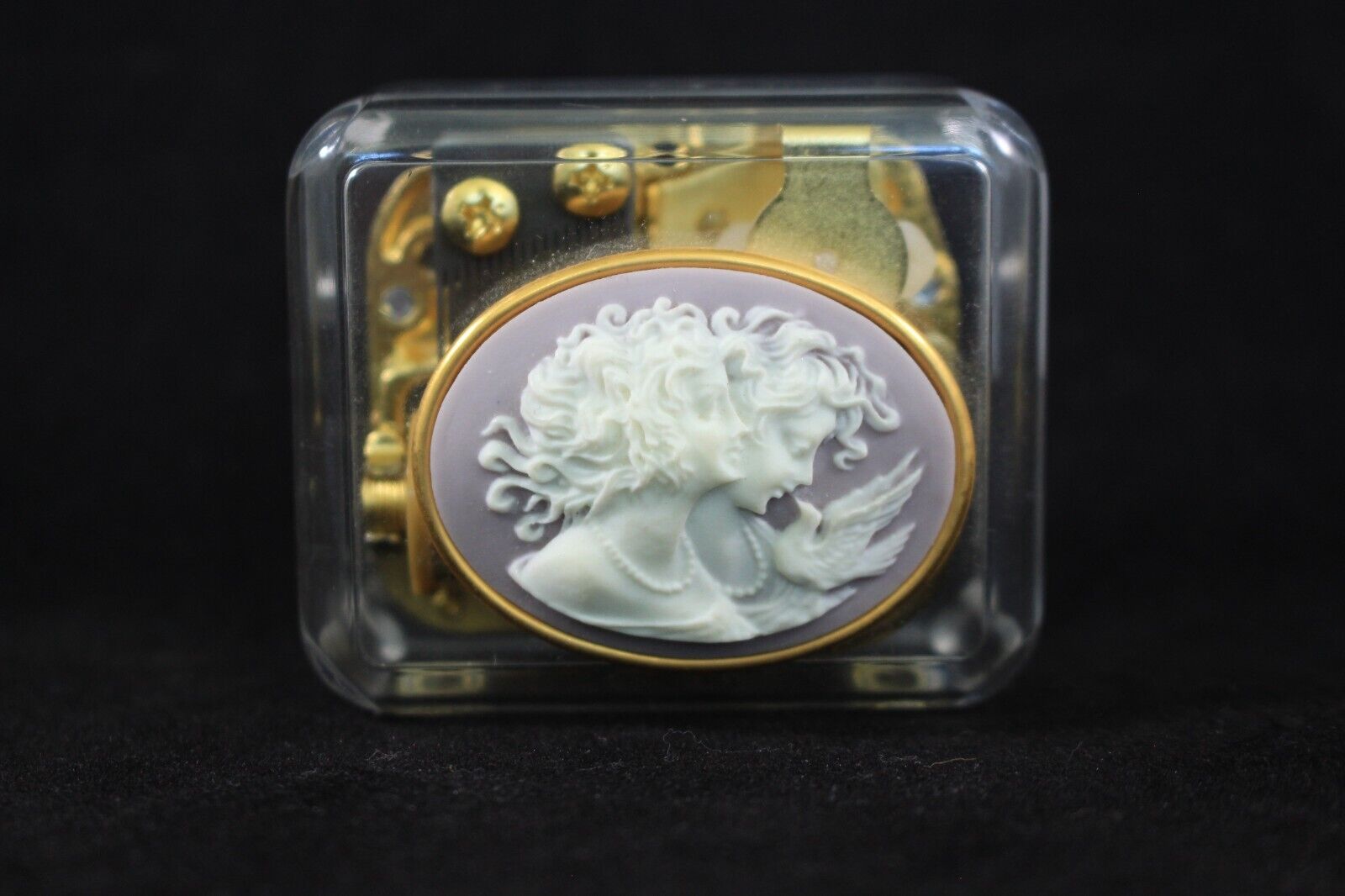 Vintage Cameo Woman Holding Bird Wind Up Music Box Miniature Clear Acrylic