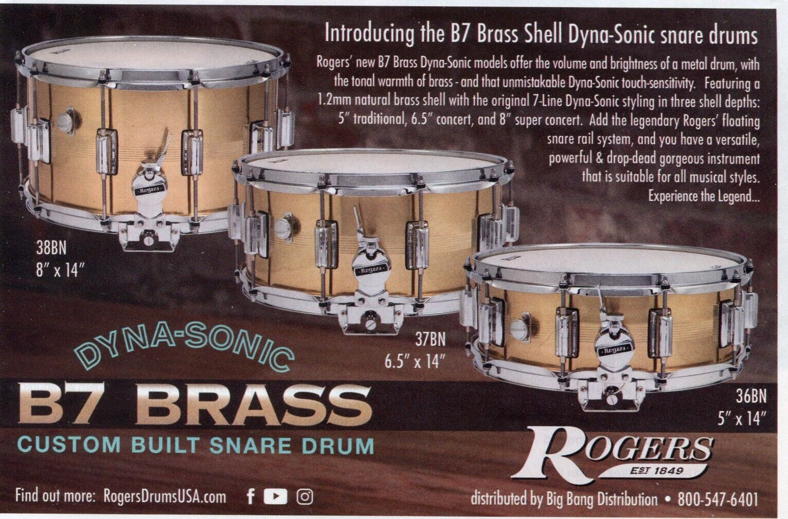 2020 small Print Ad of Rogers Dyna-Sonic B7 Brass Custom Built Snare Drums
