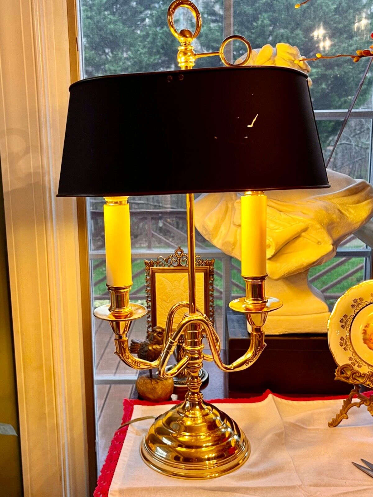 Vintage French Style Bouillotte 2 Arm Sage Black  & Brass Desk Lamp