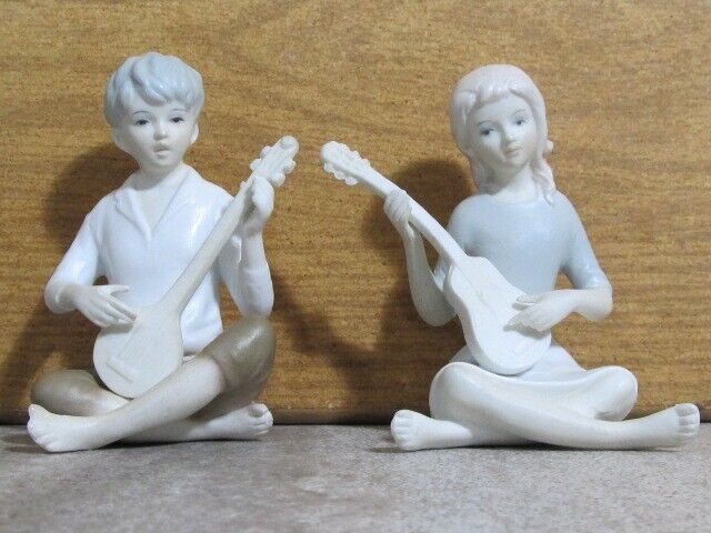 2 Lot Ardalt Bisque Japan Pastel Figurines Boy Girl Guitar Mandolin Porcelain EX