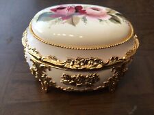 Vintage Musical Wind Up Rose Floral Metal Jewelry Trinket Box Japan Footed Oval picture