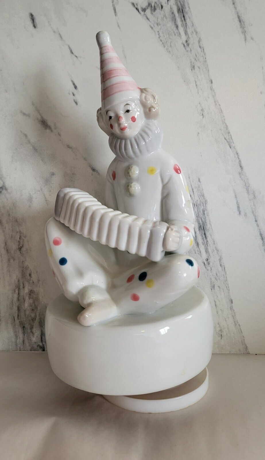 Vintage Porcelain Clown Music Box Spins Around Polka-dots Accordion Decor