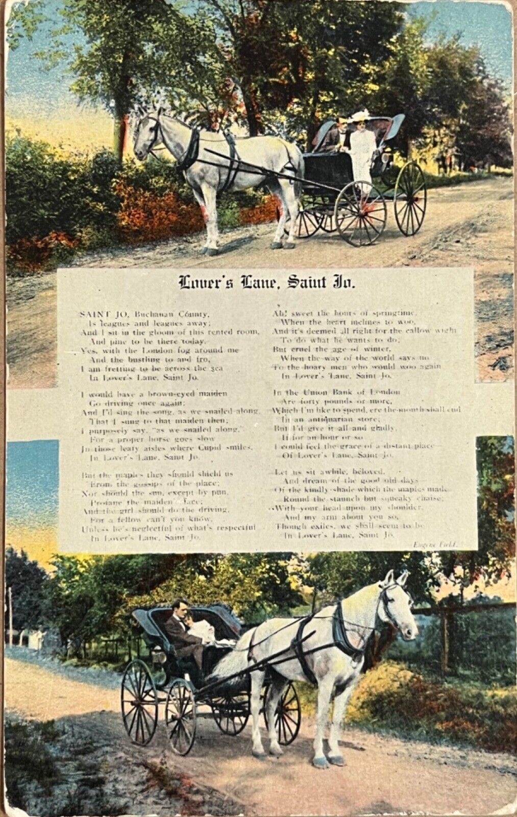 Saint Jo Missouri Lovers Lane Song Lyrics Romantic Horse Buggy Postcard c1910