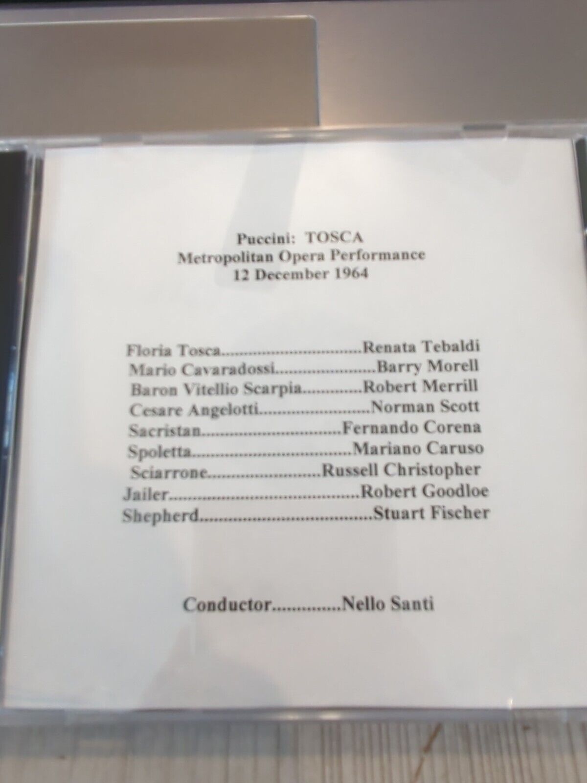 Live Opera Recording CD -1215 Tosca 1964 Tebaldi Morell Merrill Scott Corena