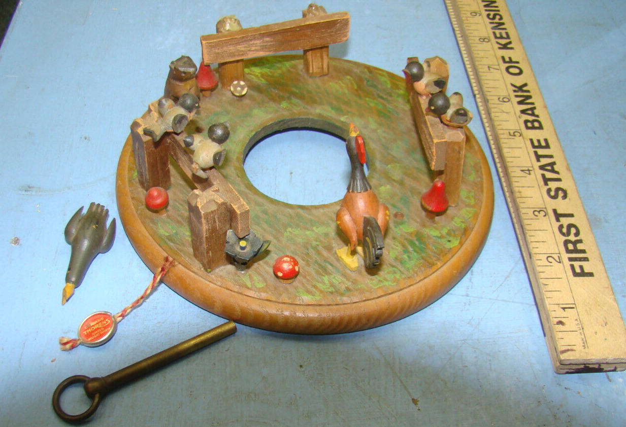 Vintage Anri Thorens Wooden Music Box Parts, Rooster, Birds, Beaver, Wind up Key