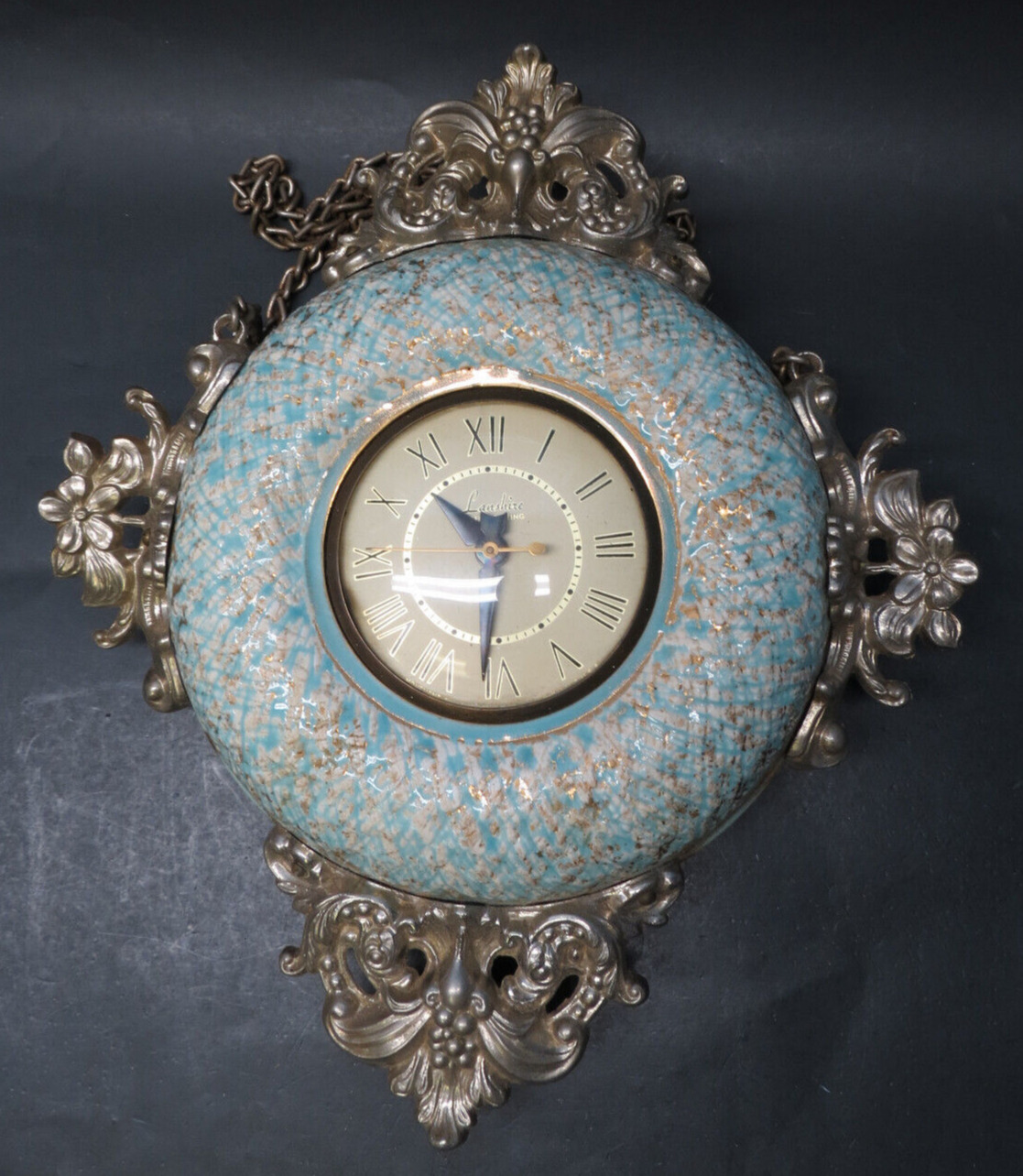 Vintage Lanshire Blue, Gold & White Porcelan Electric Wall Clock Model No. T3