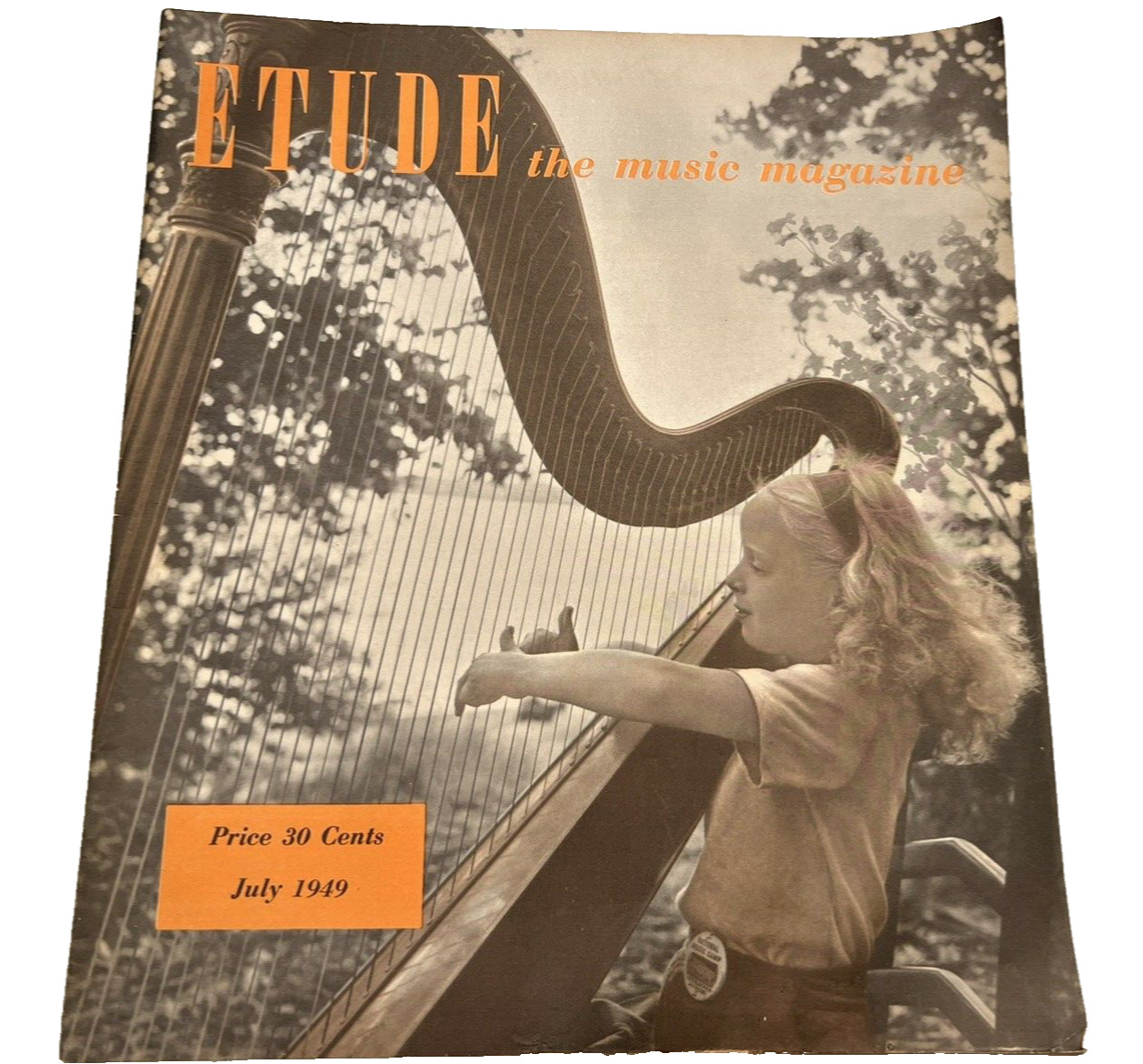 Music Magazine A Vintage Etude July 1949 A Young Girl Playing A Harp.