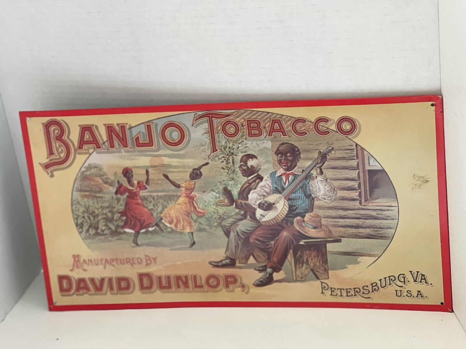 Vintage Banjo Tobacco David Dunlop Embossed Metal Sign