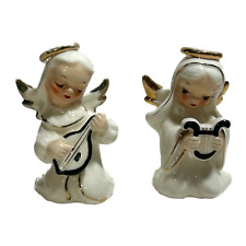 Vintage Napco Japan Angel Figurines Set of 2 Playing Harp Banjo Wings Halo ** picture