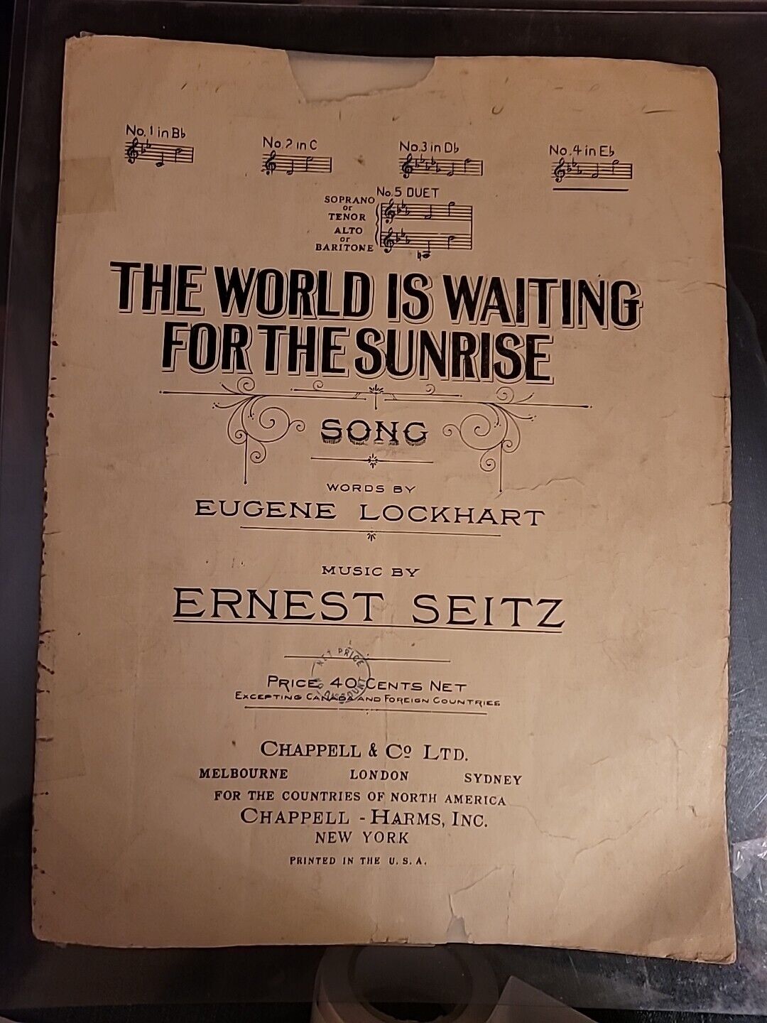 1919 THE WORLD IS WAITING FOR THE SUNRISE SHEET MUSIC CHAPPELL & CO No4  Eb SM1