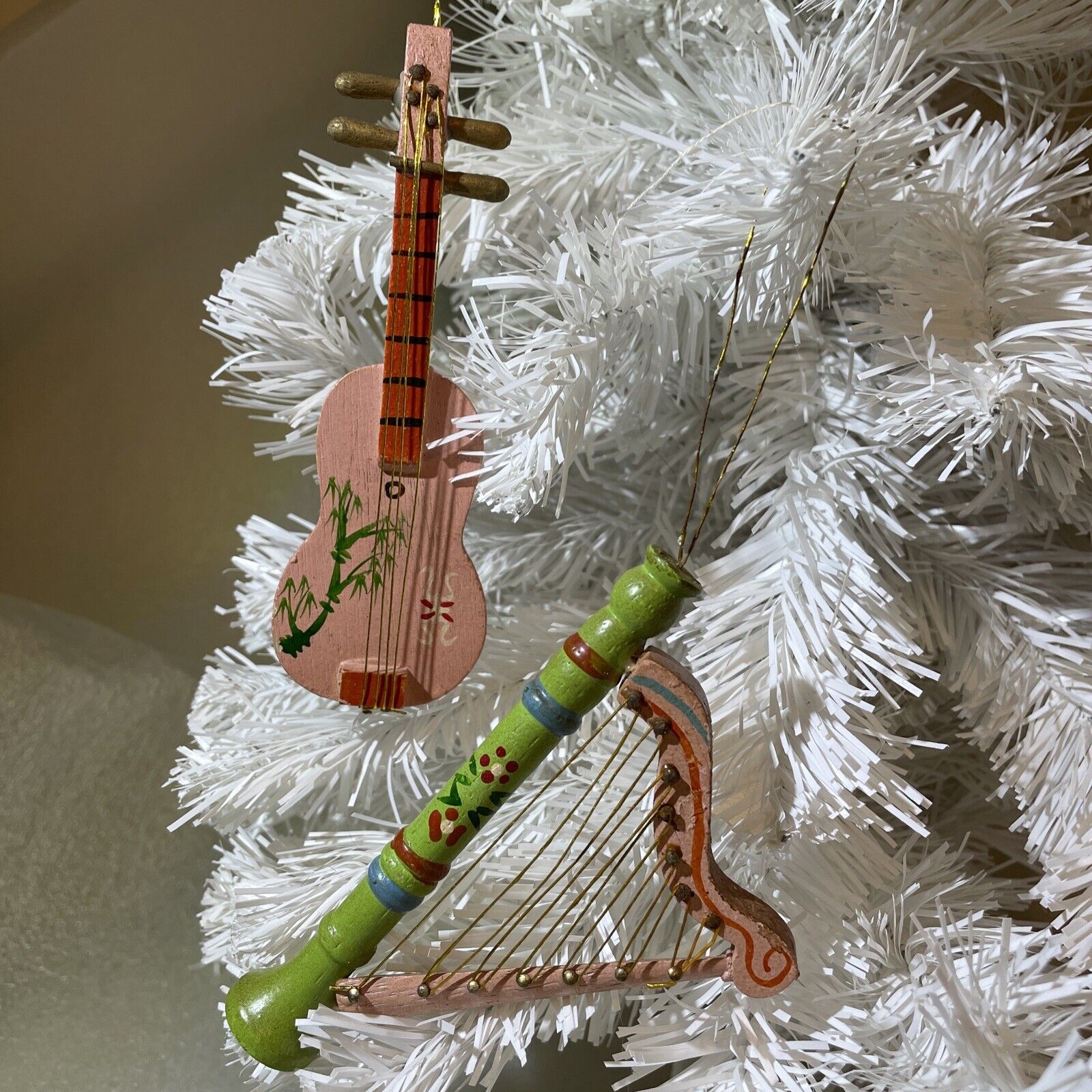 Vintage Christmas Ornament Pink  Wood Guitar  And Harp Hand painted Gold String