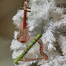 Vintage Christmas Ornament Pink  Wood Guitar  And Harp Hand painted Gold String picture