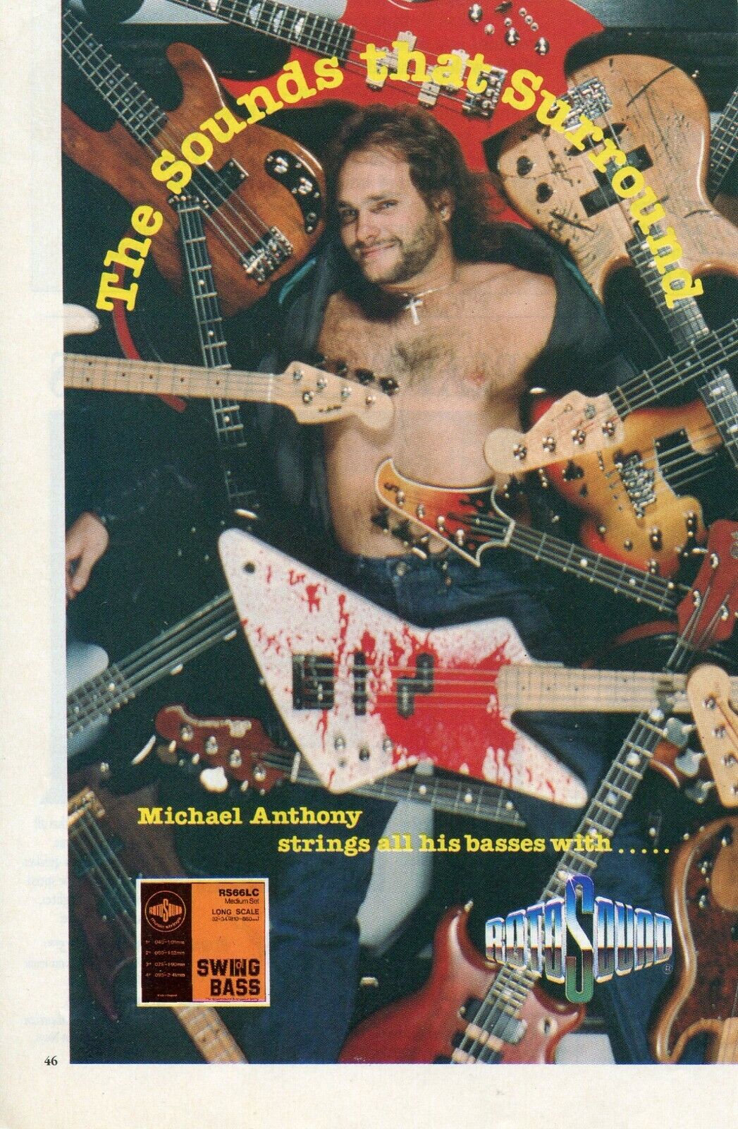 1987 small Print Ad of Roto Sound Bass Guitar Strings w Michael Anthony