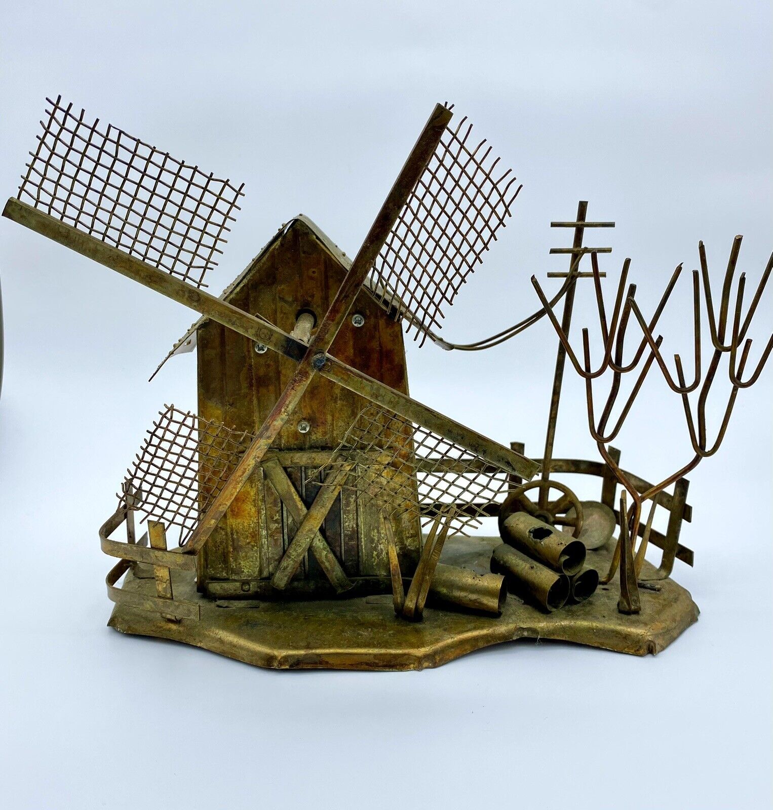 Vintage Wind Up Windmill Music Box (Working) Copper Tin Scultpure/Metal Art