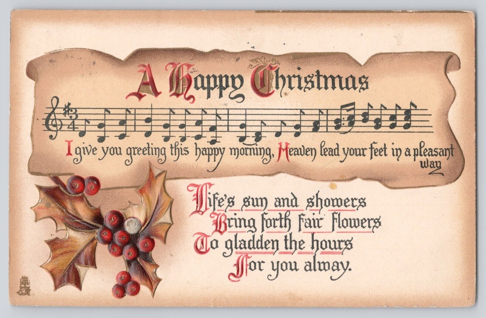 Postcard Tucks Christmas Song Sheet Music Lyrics Arts & Crafts Style 1909