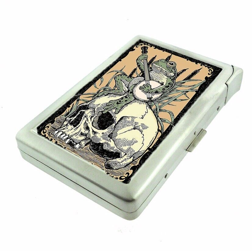 Retro Banjo Frog on Skull Cigarette Case with lighter ID Holder Wallet 