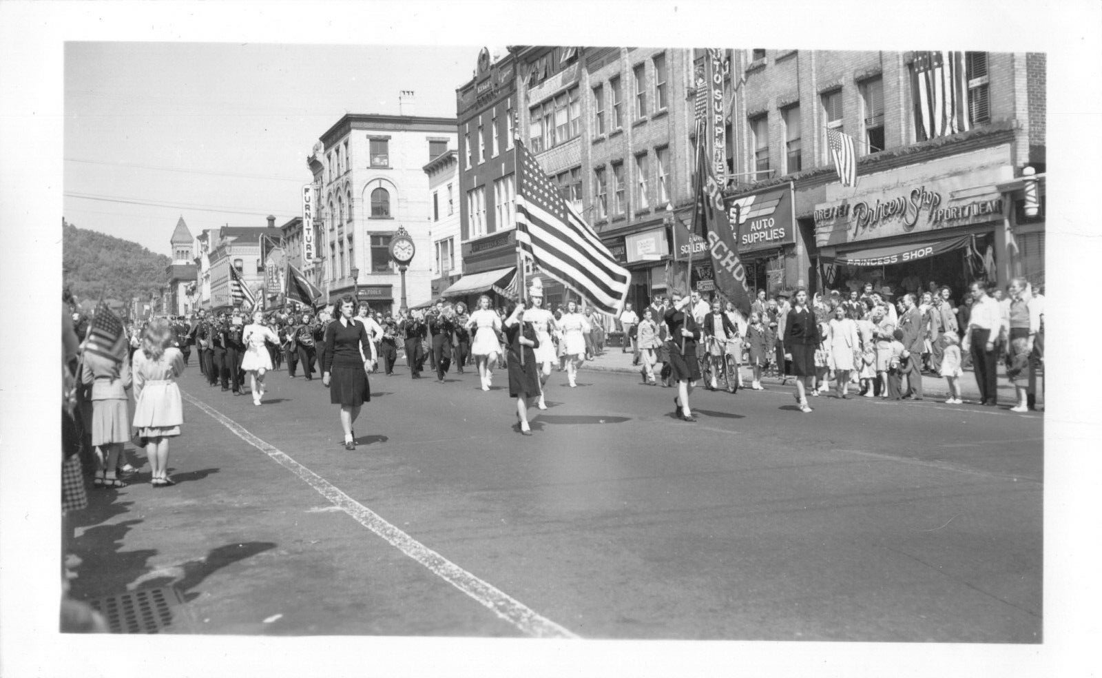 Drum & Bugle Corps School Parade Downtown Flags Black White Snapshot Photograph