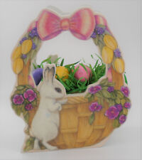 Vintage Wooden Easter Bunny Basket Eggs Figure Music Box, San Fran Music Box Co picture
