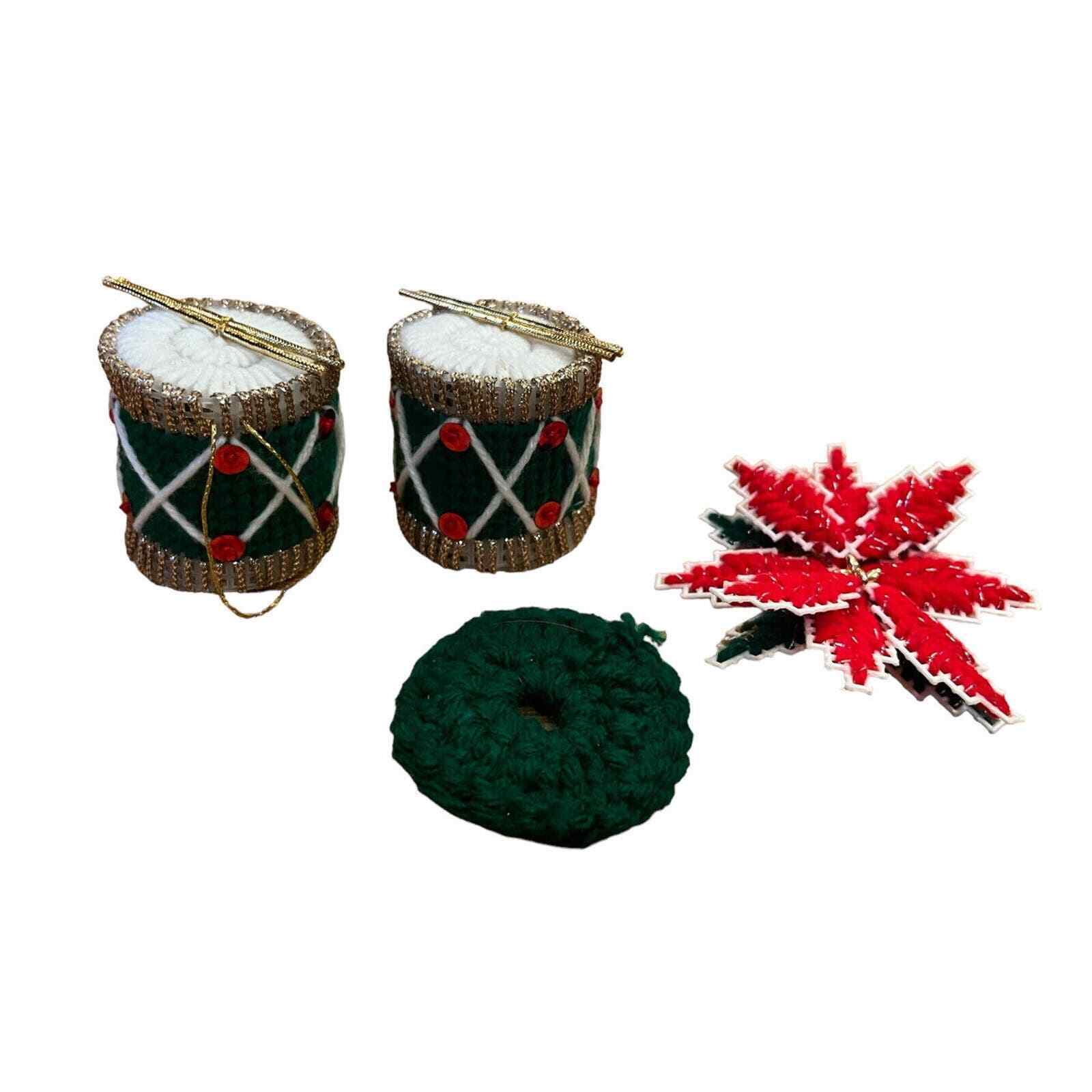 Crochet Christmas Ornaments & Pins Macrame Drums, Poinsettia Wreath, Vtg Lot