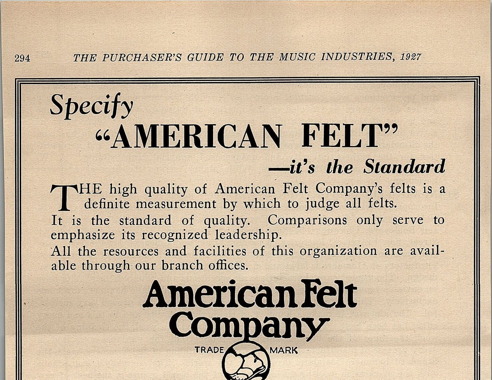1927 AMERICAN FELT COMPANY PIANO FELTS VINTAGE ADVERTISMENT 31-191