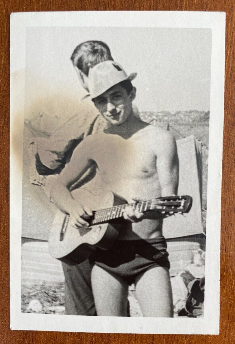 Handsome Guy with Guitar and Swim Trunks, Naked Torso, Gay Int Vintage photo