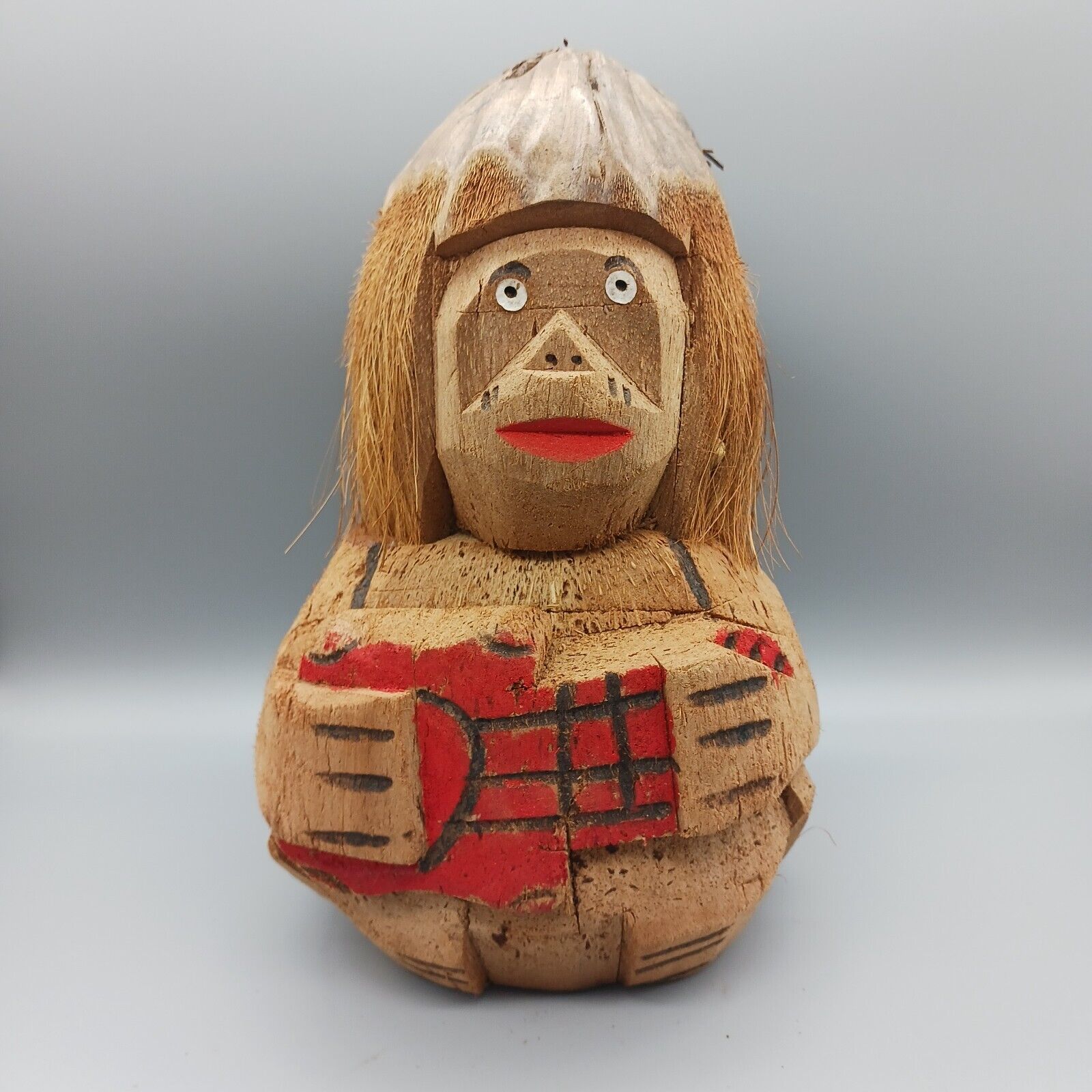 Coconut Head Tribal Tiki Guitar Man Carved Shelf Sitter with Label