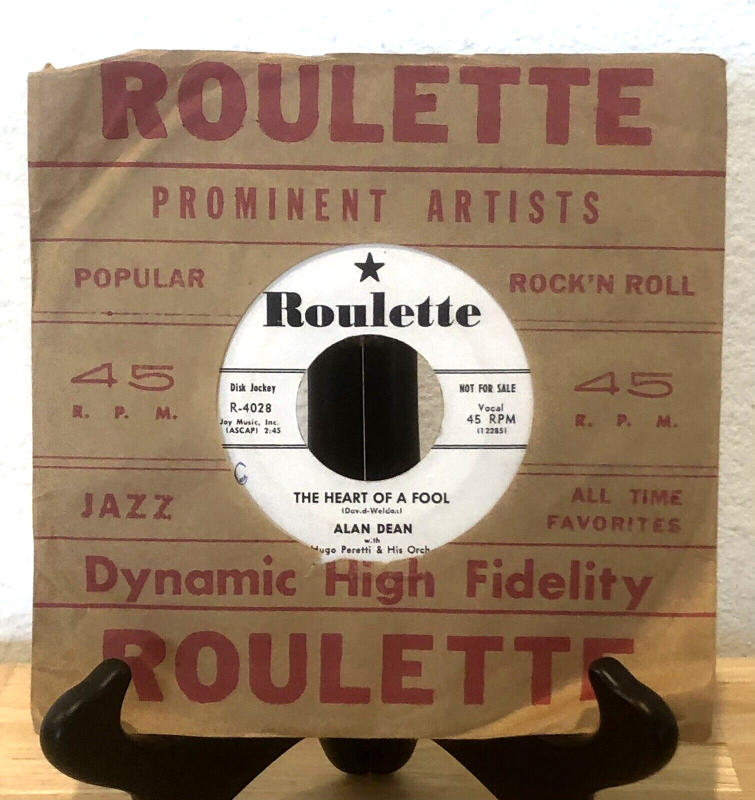 VINTAGE 1957 ROULETTE PROMO ALAN DEAN THE HEART OF A FOOL 45 RPM RECORD