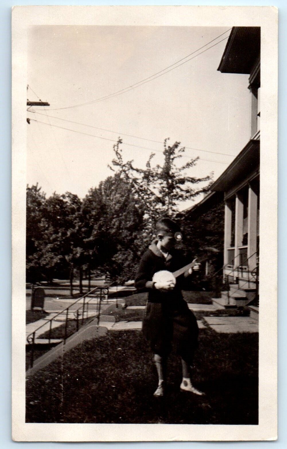 1940\'s Banjo Playing Young Lad in Front Yard Knickers Sneakers VTG Photo