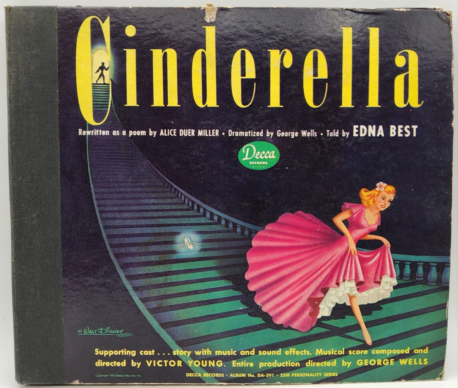 Vintage 1945 Decca Records Walt Disney\'s CINDERELLA by Edna Best 78 RPM DA-391 