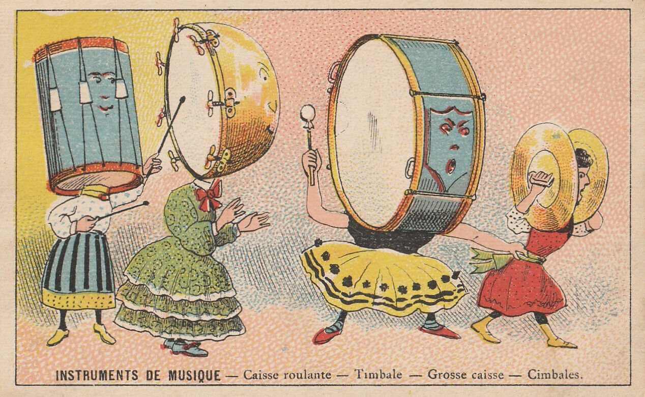 Anthropomorphic Victorian French Trade Card Moka Leroux 3 Female Drums 1 Cymbals