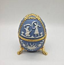Vintage Blue Jasperware Gold Japan Roman Music Engagement Egg Trinket Box  Works picture