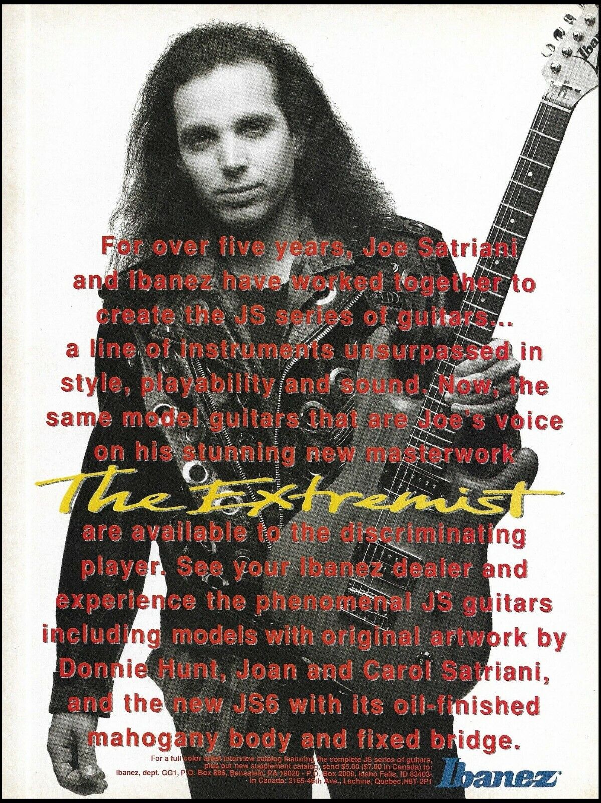 Joe Satriani Signature Ibanez JS Series Extremist guitar advertisement 1992 ad