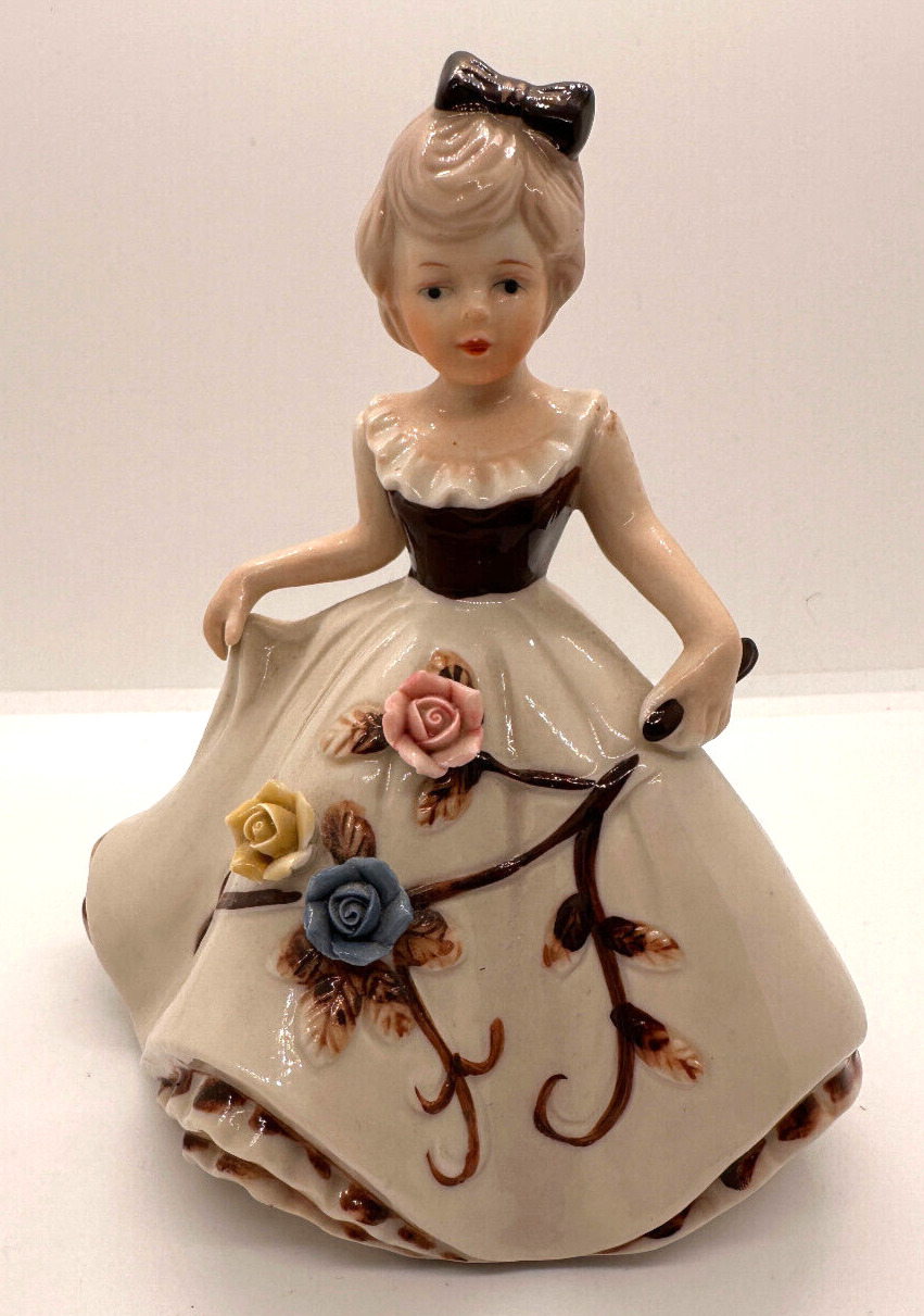 Vintage Antique Porcelain Girl Figurine with Applied Flowers