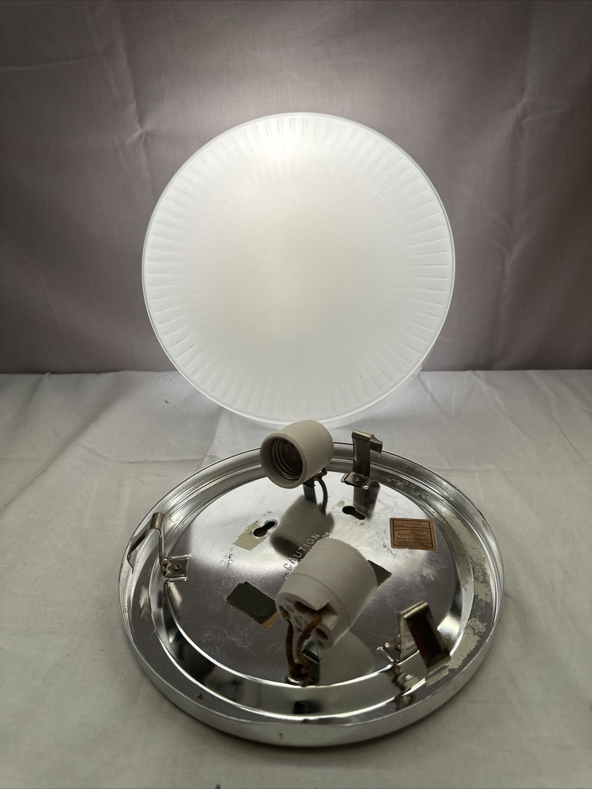 Vintage Art Deco Round White  Ribbed Glass Drum Shade Ceiling Light Complete