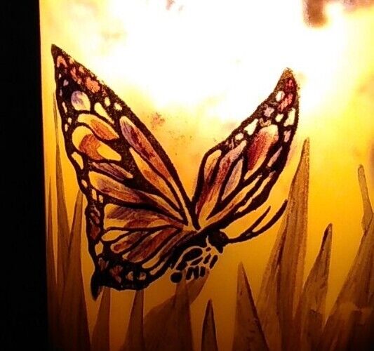 Vintage Bohemian Czech Orange Reverse Painted  Glass Butterfly Boudoir Lamp