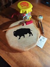 Native american Southwestern Buffalo Rawhide Wood Drum with maraca and two sided picture
