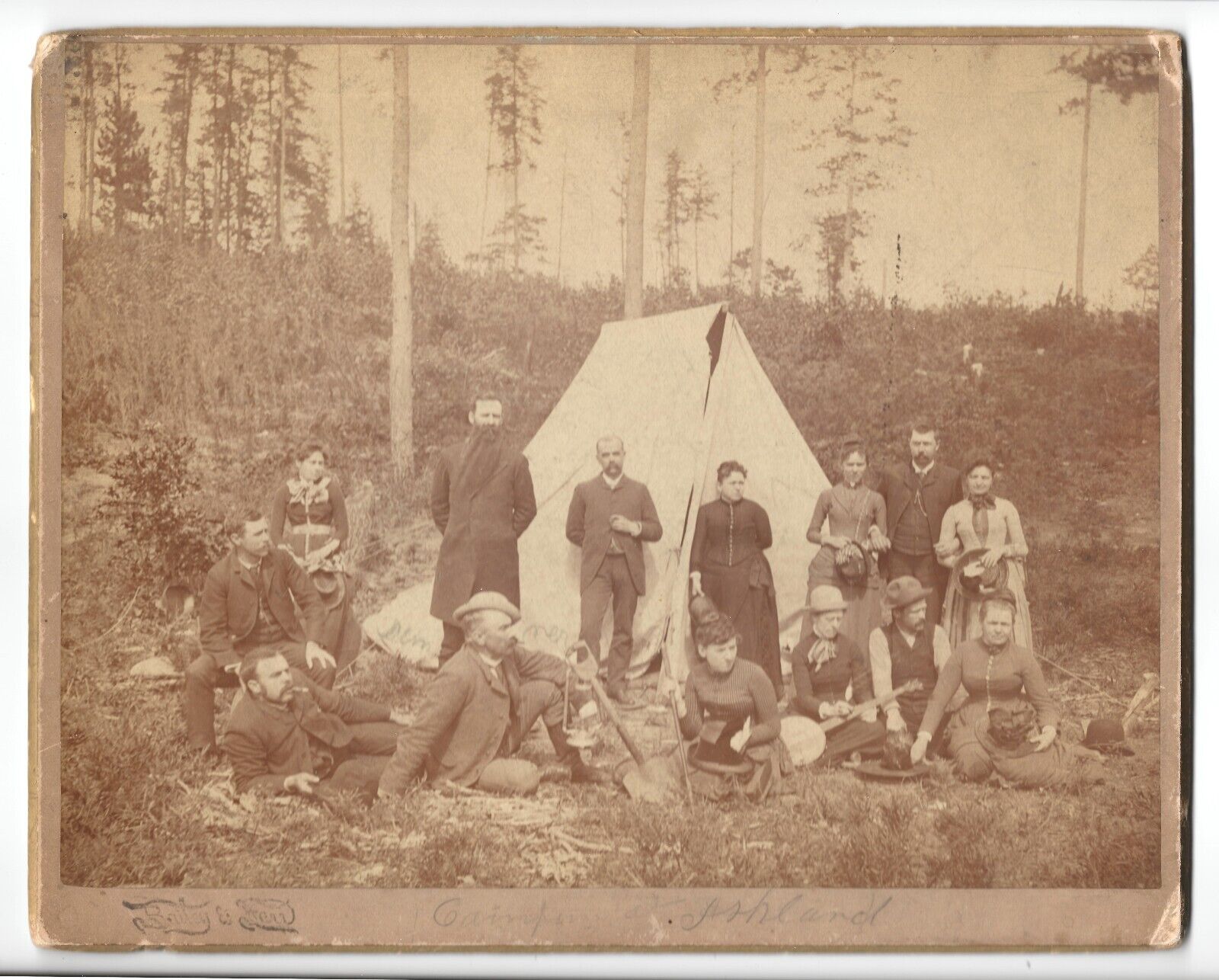 1890s camping party, tent, banjo, Ashland, Wisconsin; history, cabinet photo
