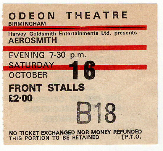Aerosmith Ticket Vintage The Rocks Tour Birmingham Odeon 1976