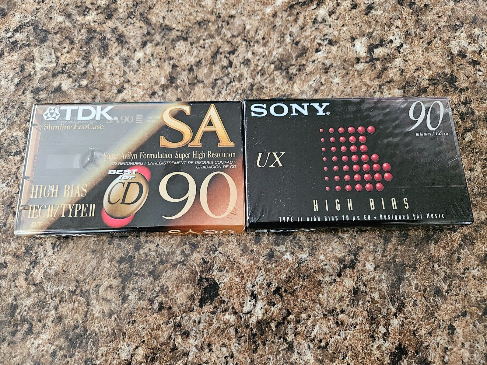 2 new SEALED TYPE II HIGH BIAS 90 MINUTE CASSETTE TAPES TDK SA 90, SONY UX 90