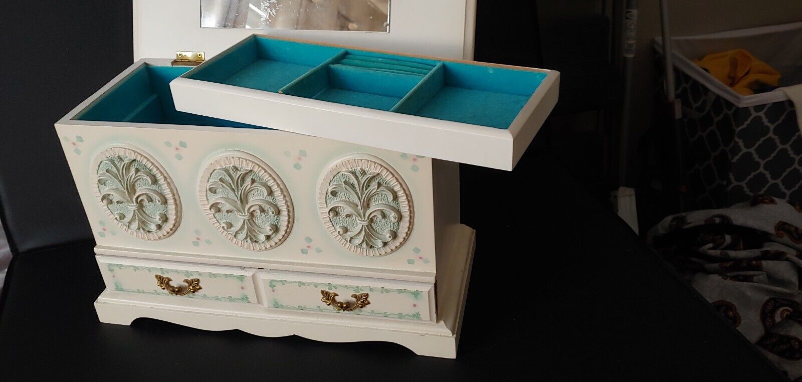 Vintage Music Jewelry Box w/mirror 2 Drawers -Price Imports -tabletop pale green
