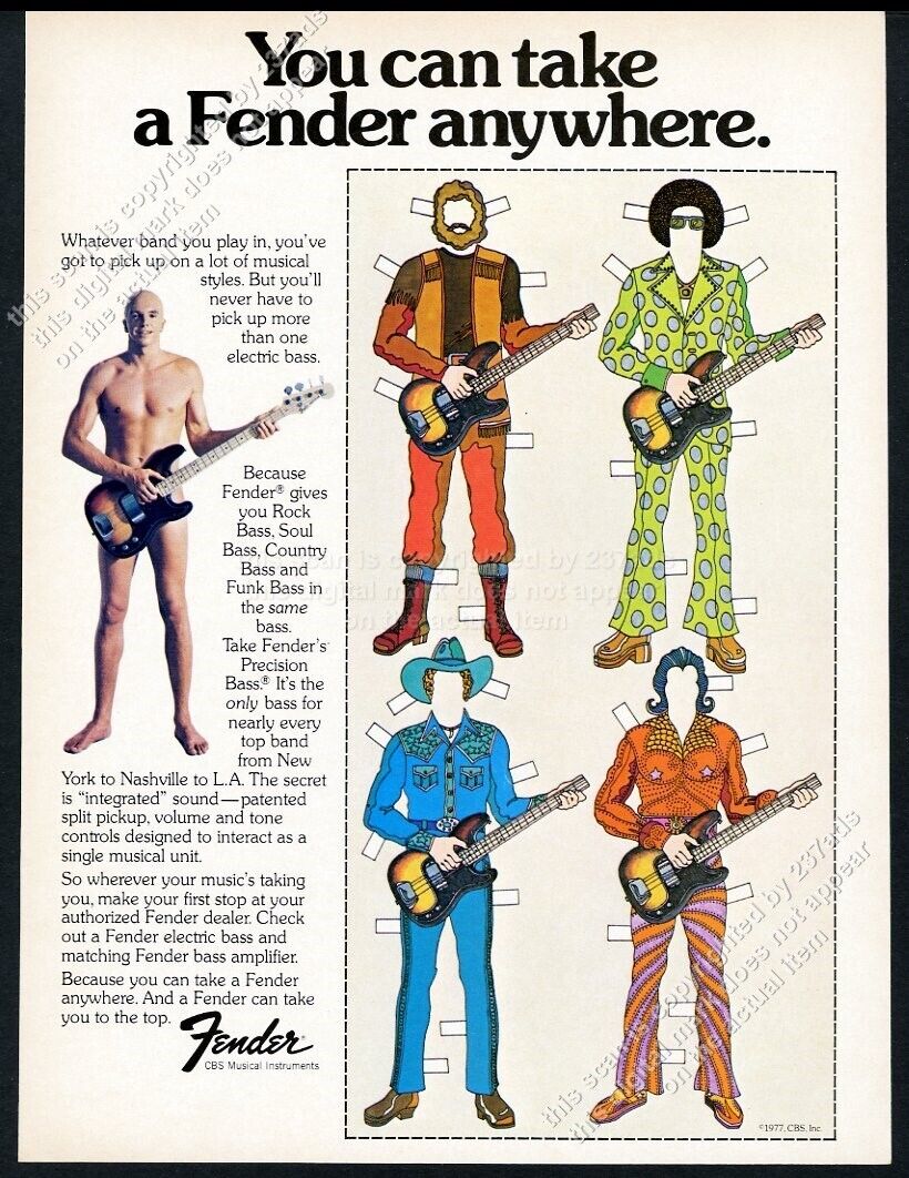 1977 Fender Precision Bass guitar paper dolls clothes art vintage print ad