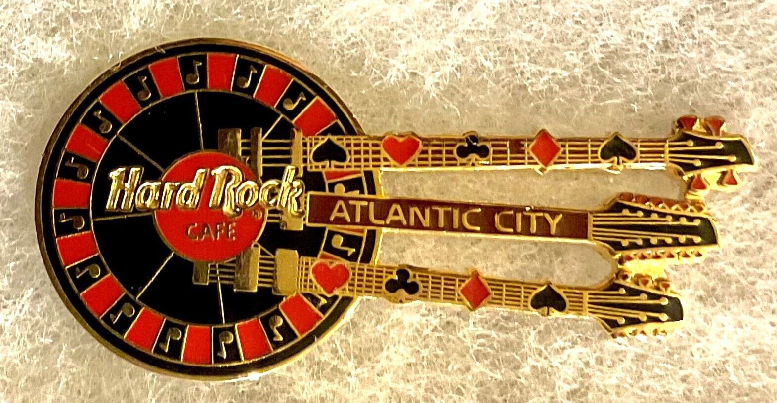 HARD ROCK CAFE ATLANTIC CITY ROULETTE WHEEL TRIPLE NECK GUITAR PIN # 488