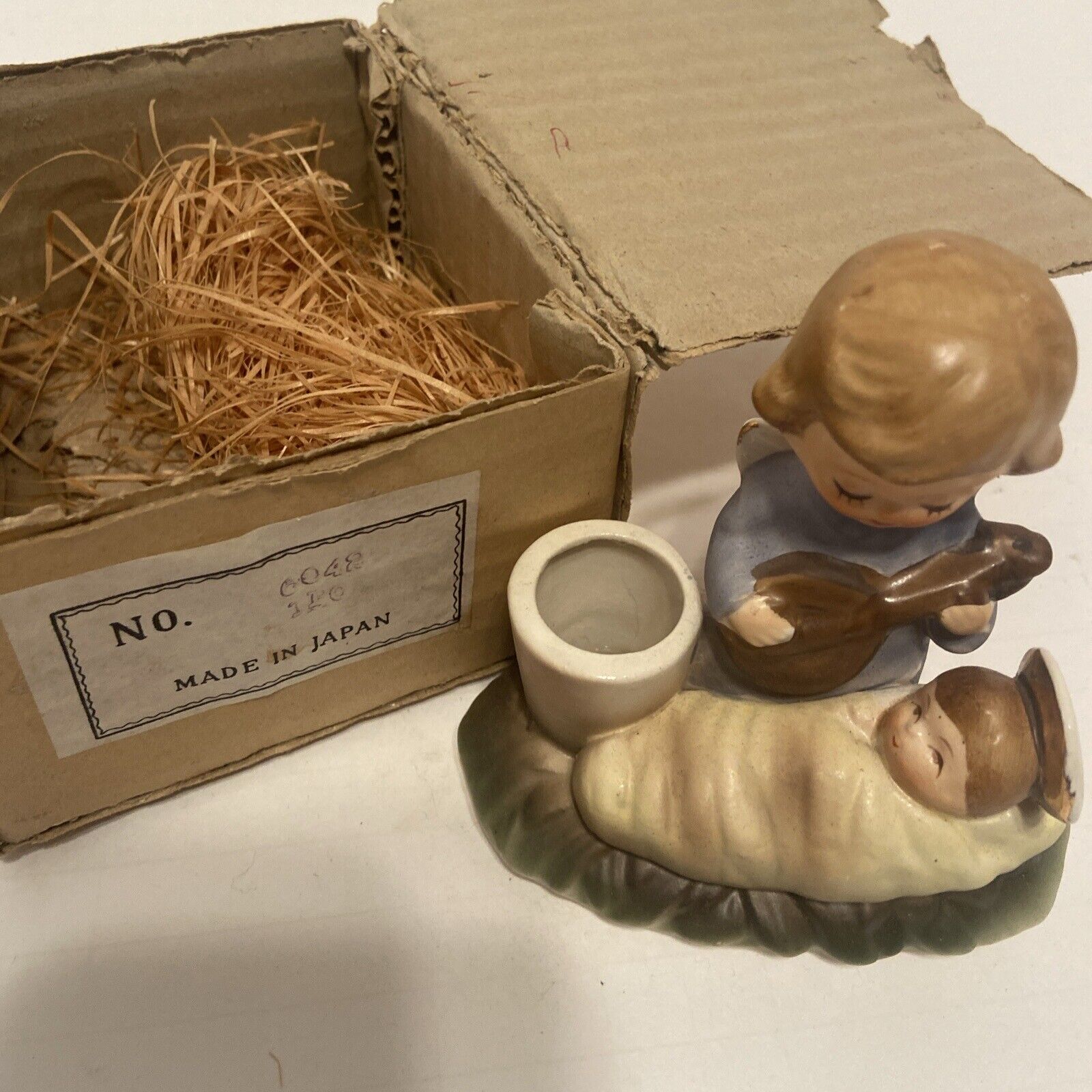 1963 Holt-Howard Baby Jesus And Kneeling  Angel W/ Banjo Candle Holder Figurine 