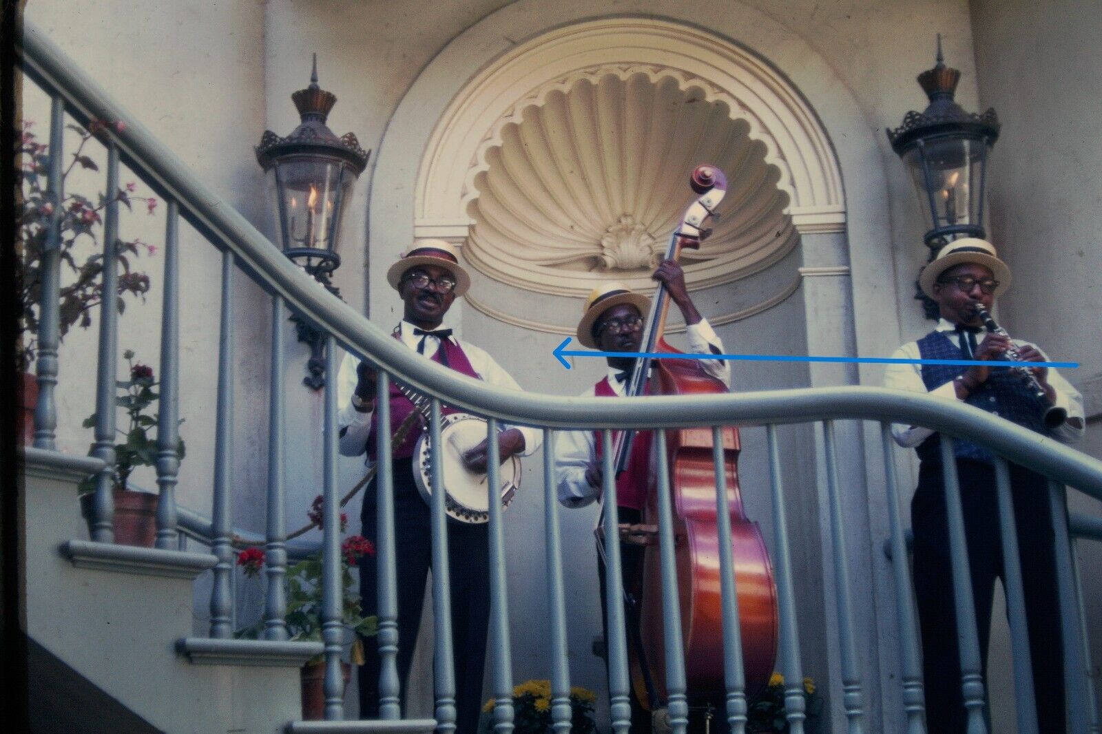 1968 35mm Slide Disneyland Musicians on Stairs Banjo Bass Clarinet #1074