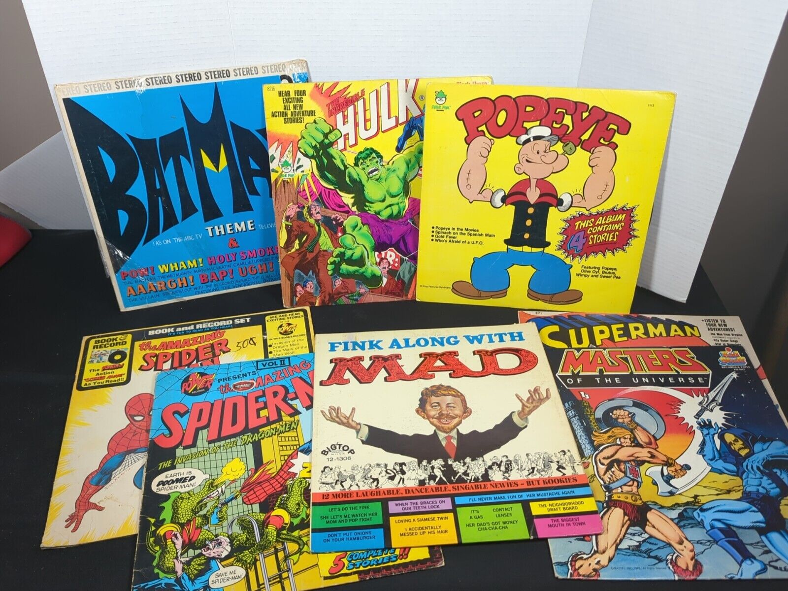 8 Vintage Mad Magazine Vinyl LP Fink Along With Mad Comic Book He Man Batman...