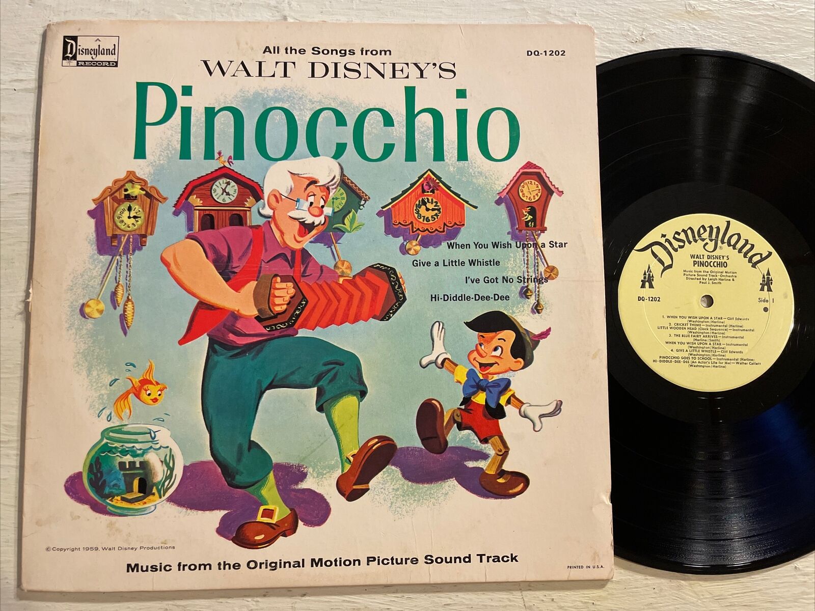 Walt Disney Pinocchio OST LP Disneyland 1959 Mono VG