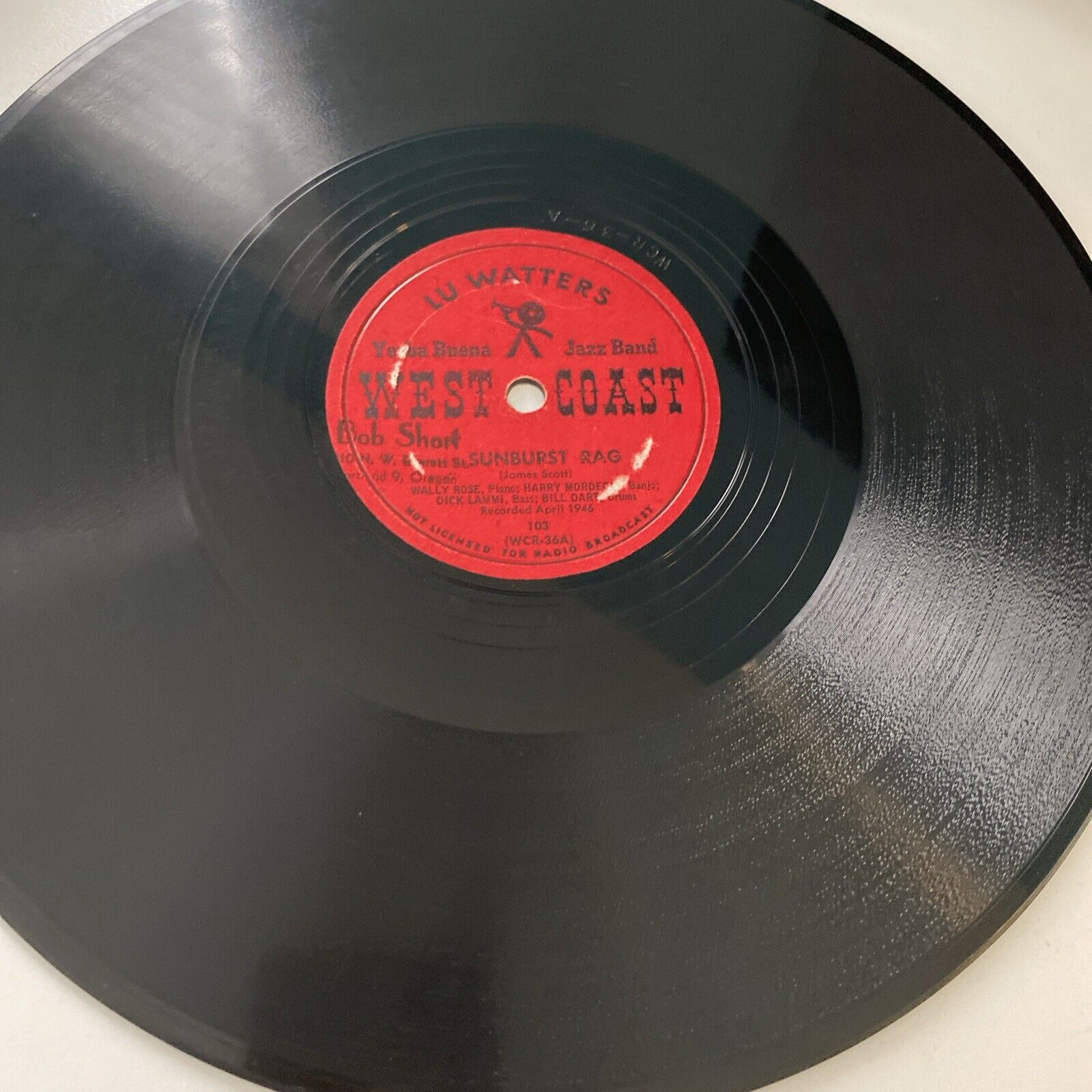 Yerba Buena Jazz Band 78 rpm WEST COAST 103 SUNBURST RAG 1946 JAZZ V+