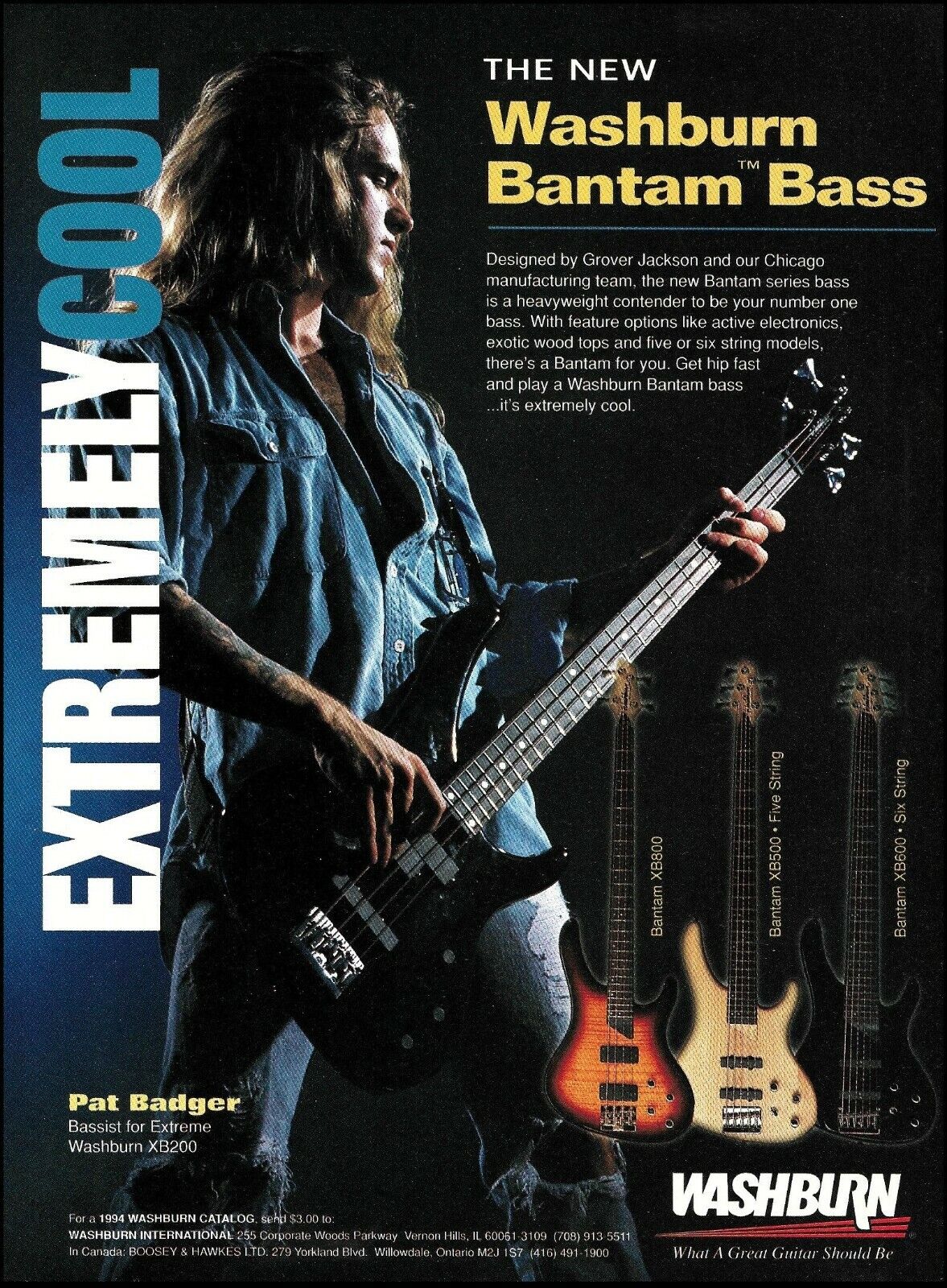 Extreme band Pat Badger 1994 Washburn XB200 Bantam Bass guitar series ad print